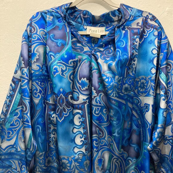 Mona Lisa Women’s Nightgown Robe Maxi Dress Made In USA Satin Paisley Blue PL - Picture 8 of 14